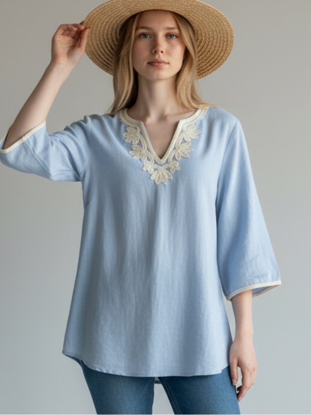 Tommy Bahama Blue Tunic with Cream Embroidery